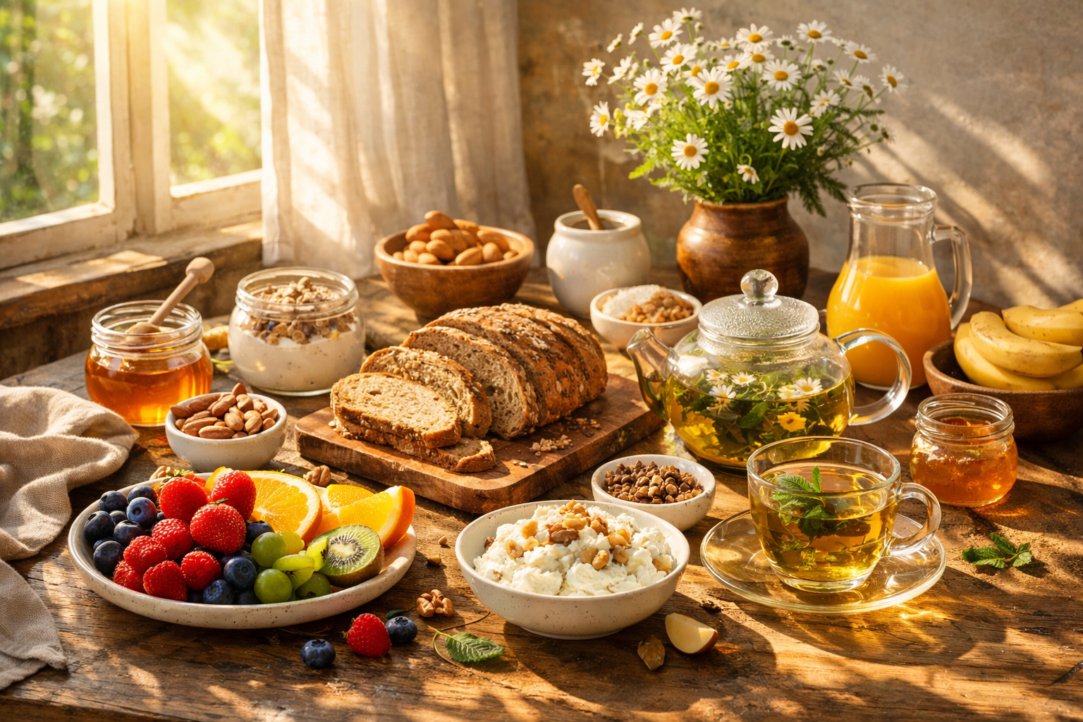 Poranne słońce wpadające przez okno na stół śniadaniowy ze świeżymi owocami, pełnoziarnistym chlebem, herbatą ziołową i naturalnymi składnikami ułożonymi w spokojnej scenerii
