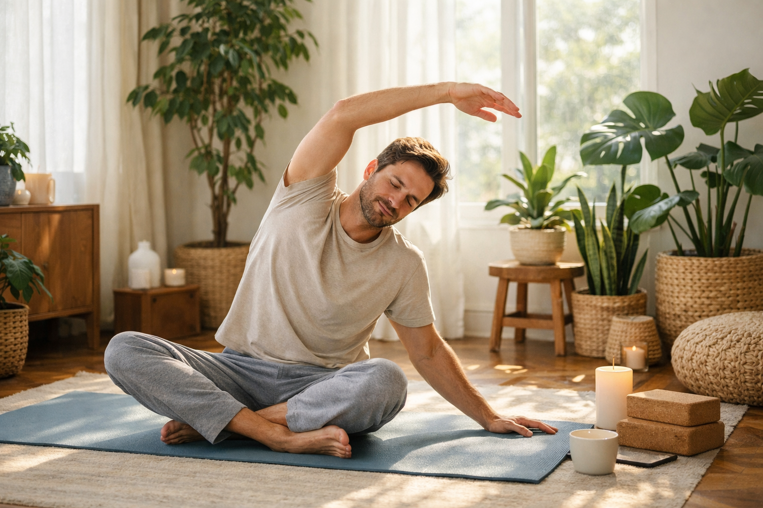 Mężczyzna wykonujący łagodne poranne rozciąganie w jasnym, nasłonecznionym pokoju, mata do jogi, rośliny, spokojna atmosfera, naturalne światło, relaksująca rutyna wellness